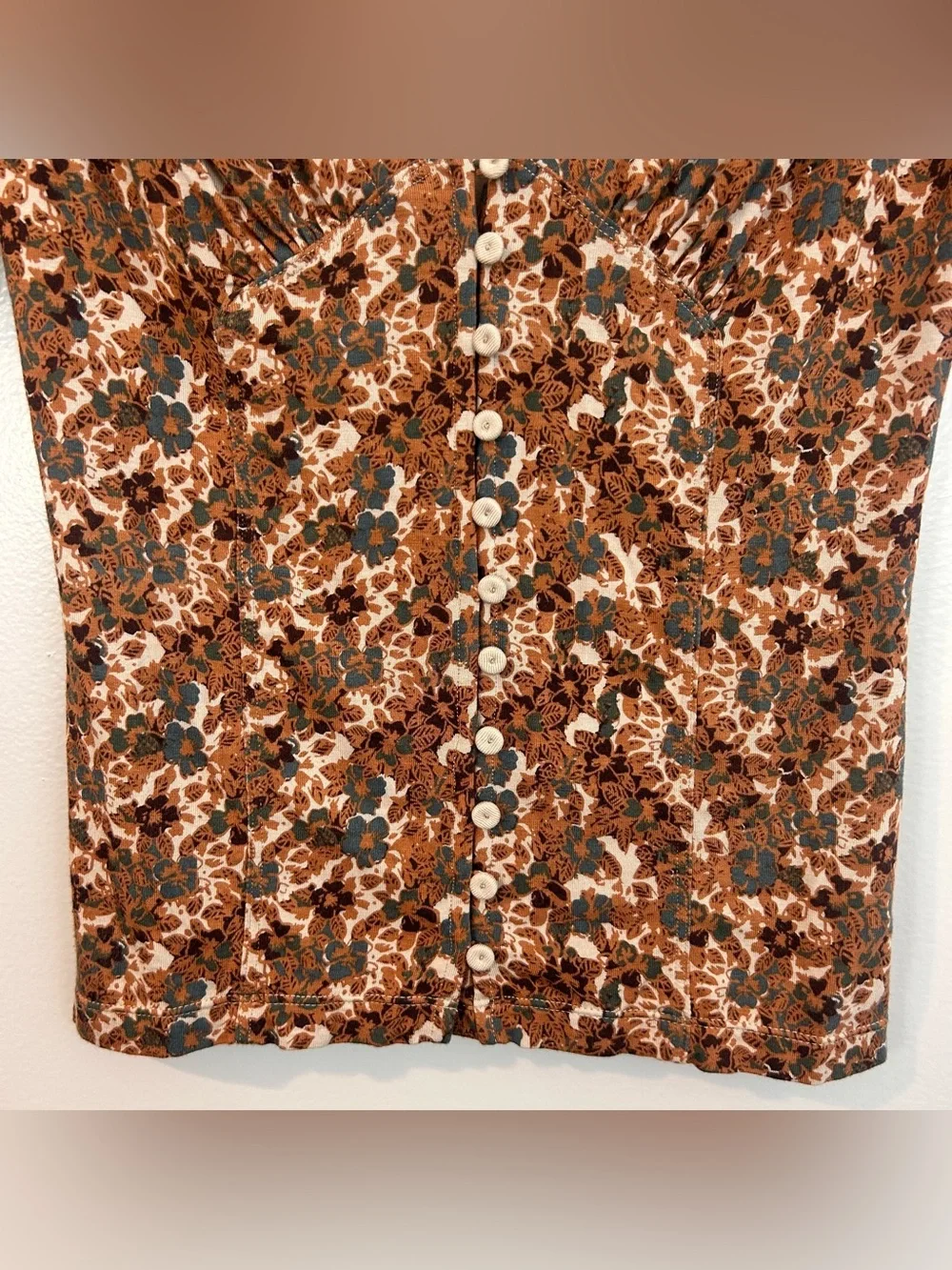 Free People Brown Disty Floral V-neck Short Puff Sleeve Button Front Top Size XS
